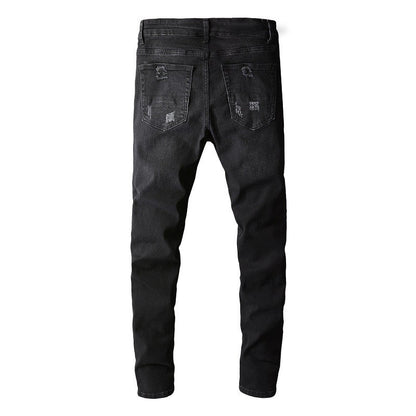 Men's Tight Fit Black Jeans with Paisley Patches and Distressed Details 669