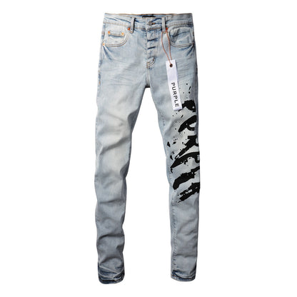 9048 Mens Purple Skinny Jeans with Ripped Detail Fashionable Denim Biker Pants with Patches and Printed Design Jeans Purple