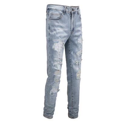 Men's Slim Fit White Jeans with Rhinestone Patches and Distressed Design 6808