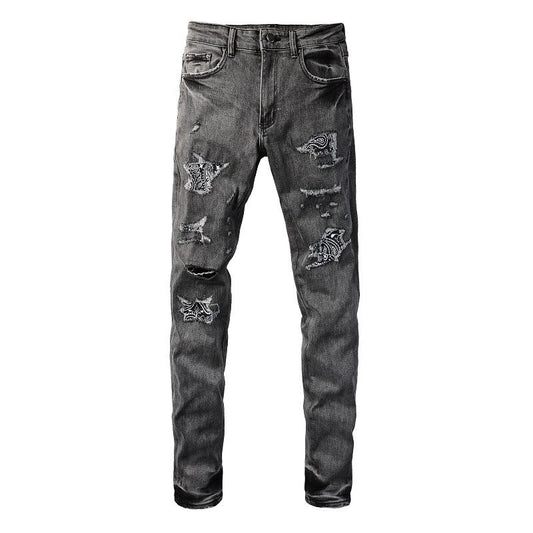 Vintage Washed Ripped Cashew Flower Patch Elastic Slim Small Feet Dark Grey Jeans (1000-8903)