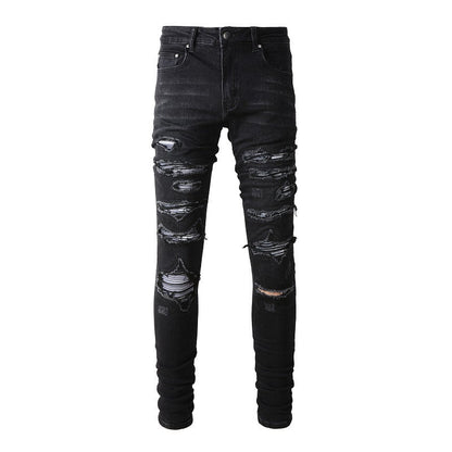 European and American Street Tide Ripped Patch Jeans High Street Tide Men's Elastic Slim Pants #(891-8833)