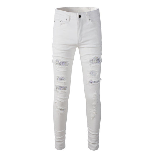 Foreign Trade Best-selling High Street Ripped Patch Diamond-encrusted Elastic Slim-fit White Jeans 7625