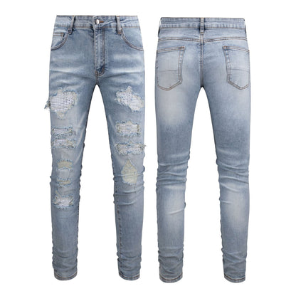 Men's Slim Fit White Jeans with Rhinestone Patches and Distressed Design 6808