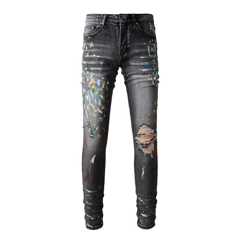Vaqueros de marca de moda, efecto grafiti, salpicaduras de tinta, rotos, elásticos, ajustados, de mezclilla #1303