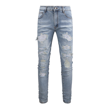 Men's Slim Fit White Jeans with Rhinestone Patches and Distressed Design 6808